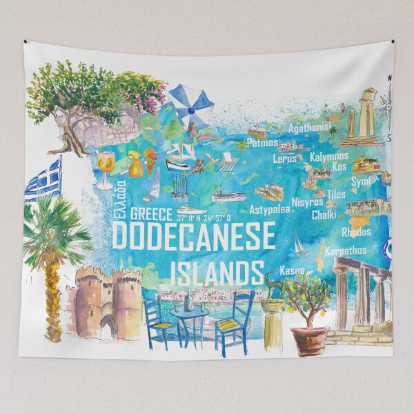 Item preview, Dodecanese Islands Greece Illustrated Travel Map – Rhodes, Kos, Patmos, Symi & Karpathos Iconic Highlights designed and sold by artshop77.