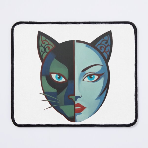 Item preview, Abstract Cubist Cat Woman Mask T-Shirt | Mysterious Blue Green Portrait Art designed and sold by HYPE-NET.