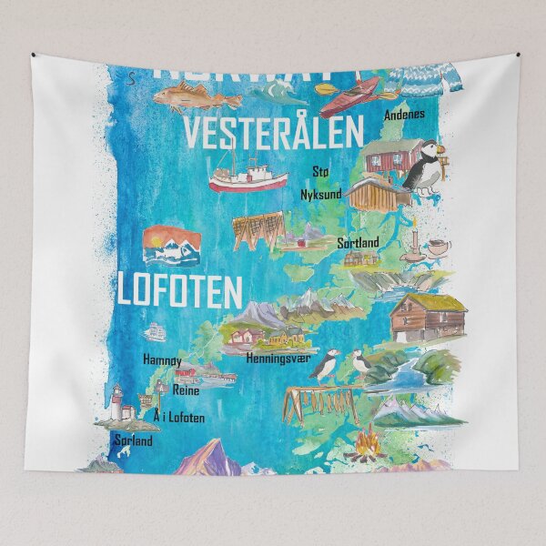 Item preview, Lofoten & Vesterålen Illustrated Norway Map with Iconic Landmarks designed and sold by artshop77.