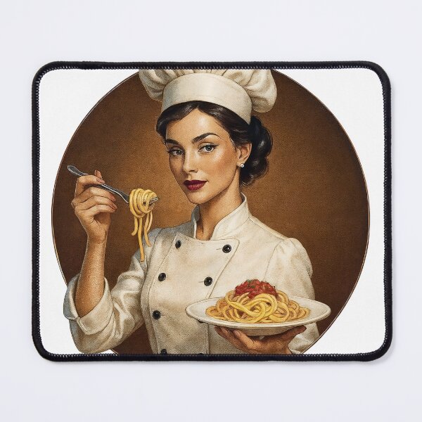 Item preview, Poised female chef with spaghetti against sepia circular backdrop designed and sold by Creative88Art.