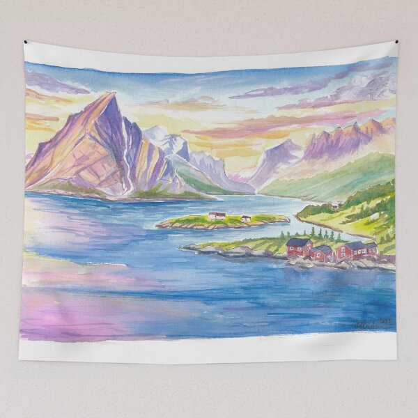 Item preview, Lofoten Islands Watercolor Serenity Beneath Arctic Summer Light designed and sold by artshop77.