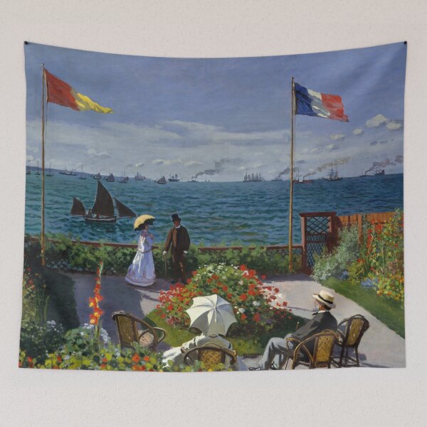 Aperçu de l'œuvre Jardin de Sainte-Adresse par Claude Monet : Affiche impressionniste de bord de mer ensoleillé créée et vendue par artofuniverse.