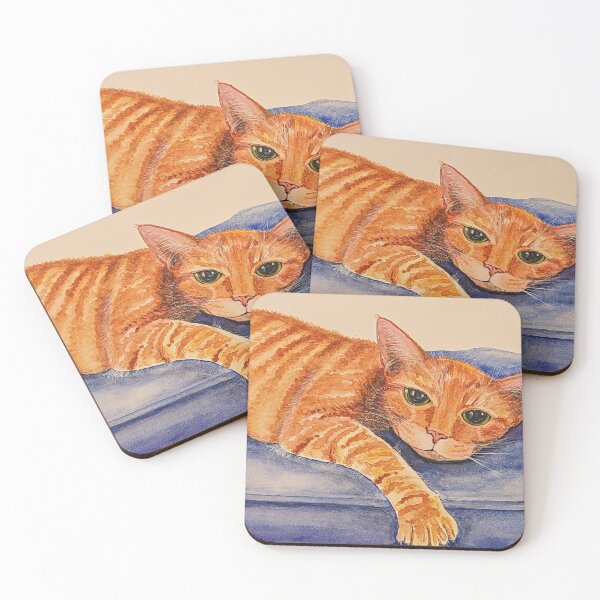 Item preview, Orange Cat Resting on Blue Cushion designed and sold by Katherine Miller Art.