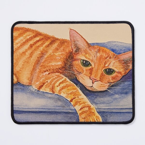 Item preview, Orange Cat Resting on Blue Cushion designed and sold by Katherine Miller Art.
