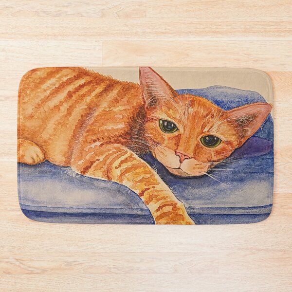 Item preview, Orange Cat Resting on Blue Cushion designed and sold by Katherine Miller Art.