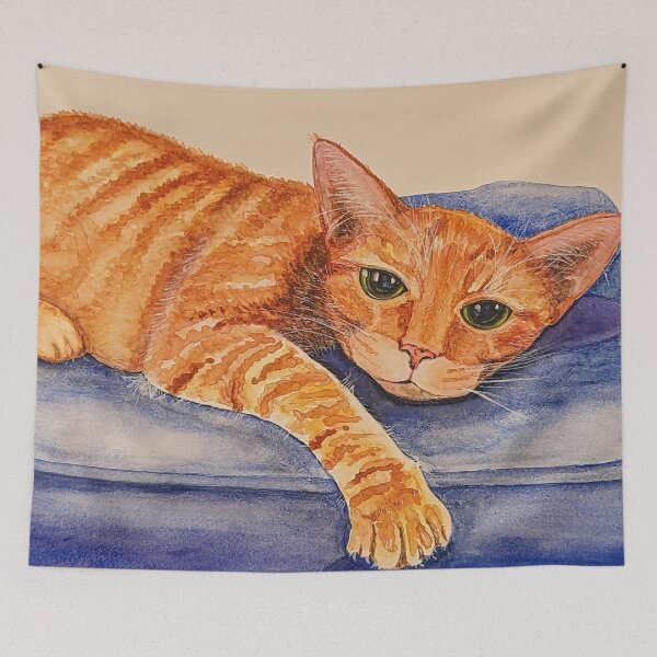 Item preview, Orange Cat Resting on Blue Cushion designed and sold by Katherine Miller Art.