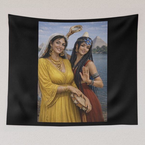 Item preview, Ancient Egypt meets Old Cairo — two timeless women united by rhythm, culture, and the heartbeat of the Nile with a riqq designed and sold by TuyaArts.