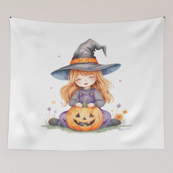 Item preview, Sweet Kawaii Witch with Pumpkin – Cozy Halloween Art designed and sold by Dream Magic Co.