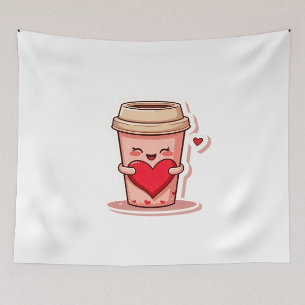 Item preview, Cute cartoon coffee cup holds a red heart in a simple design with a light background and small hearts around it designed and sold by SpaceartLilu.
