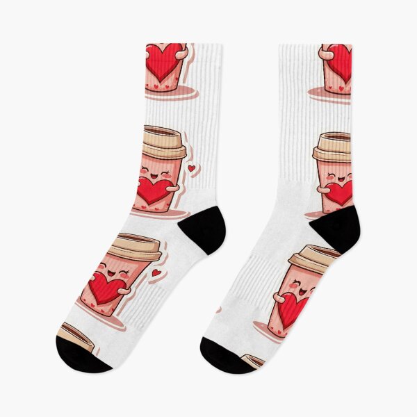 Item preview, Cute cartoon coffee cup holds a red heart in a simple design with a light background and small hearts around it designed and sold by SpaceartLilu.