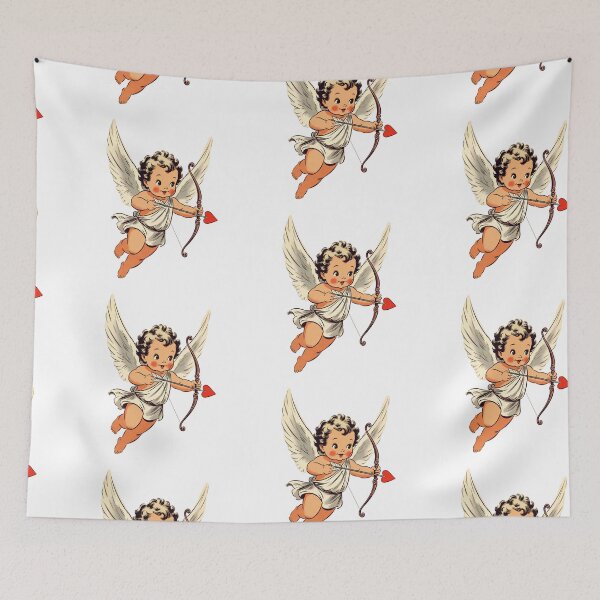 Item preview, Cute flying baby with wings holding arrows and hearts in a colorful background designed and sold by SpaceartLilu.