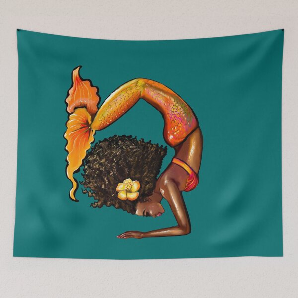 Item preview, Mermaid handstand - orange tail with yellow hibiscus flower in her Afro hair relaxing designed and sold by Artonmytee.