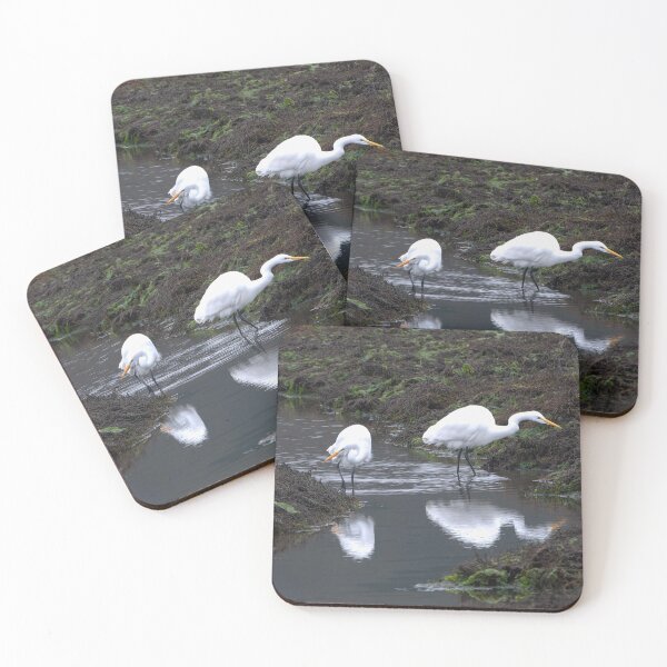 Item preview, Two Great Egrets walking in stream with reflections designed and sold by lisavonbiela.