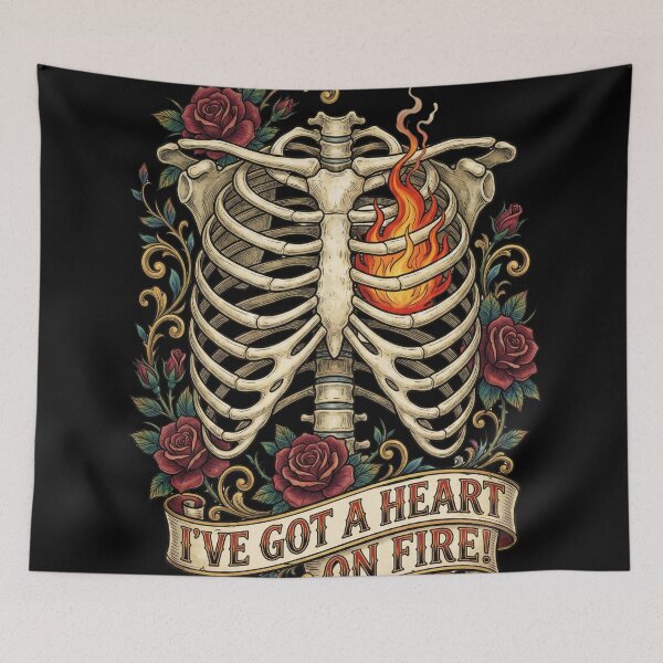 Item preview, Heart on Fire - Traditional Tattoo Skeleton Ribcage & Roses designed and sold by Pixeloom Store.