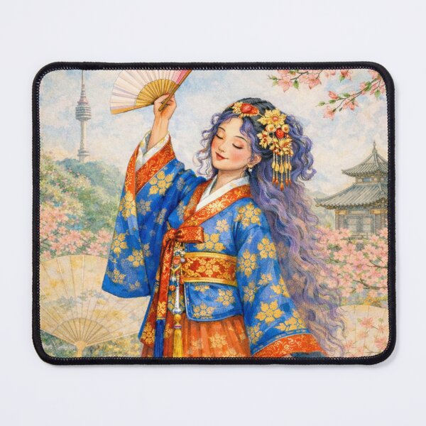 Item preview, Spring Empress – Elegant Korean Woman in Floral Hanbok with Fan designed and sold by EmmaGreen25.