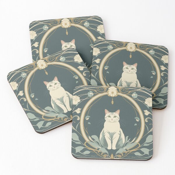 Item preview, Art Nouveau White Cat – Floral Frame Serenity designed and sold by LEO'S CREATURE　れおずくりーちゃー.