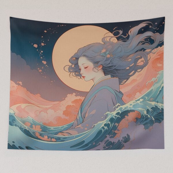 Item preview, Moonlit Serenity – Dreamy Japanese Woman with Flowing Waves designed and sold by KiraChie.