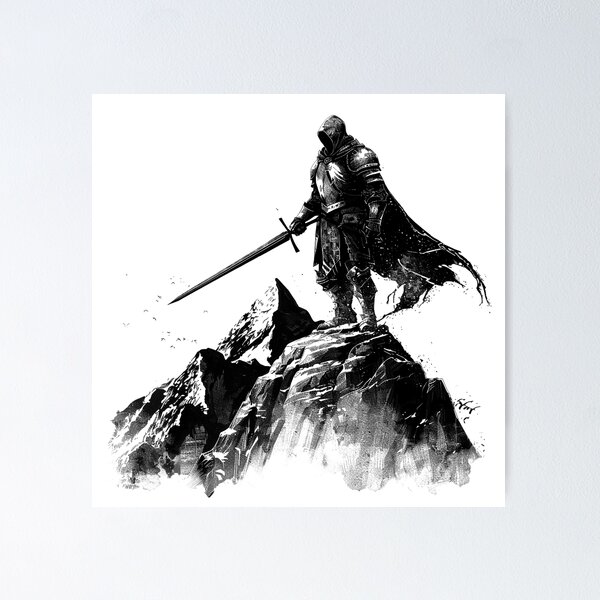 Item preview, Dark Fantasy Knight on Mountain | Epic Warrior with Sword Art | Medieval Hero Illustration designed and sold by inkoutninja.