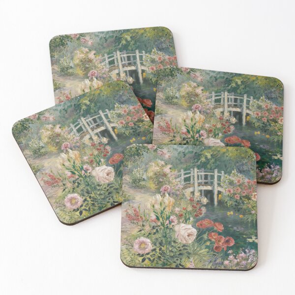Item preview, Monet-Inspired Botanical Garden Painting | Impressionist Floral Pond with Bridge designed and sold by Tamas Das.