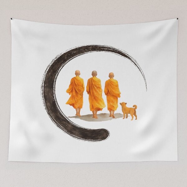 Item preview, Peaceful Monks Walking With Dog Zen Minimal Spiritual Illustration designed and sold by River Silva.