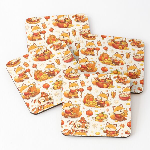 Item preview, Lucky Lunar New Year Fox Pattern Cute Kawaii Red Gold Lanterns and Coins designed and sold by Still Breathing Studio.