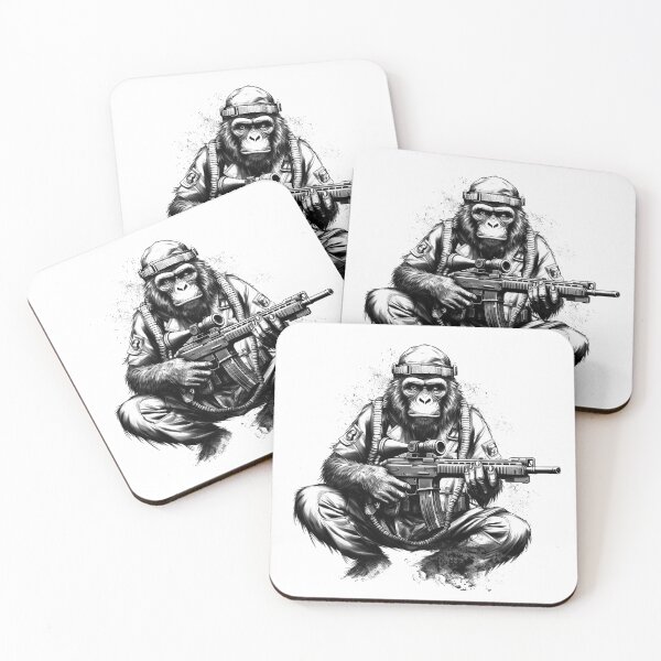 Item preview, Combat Chimpanzee Soldier | Tactical Monkey with Rifle | Military Animal Art Illustration designed and sold by inkoutninja.