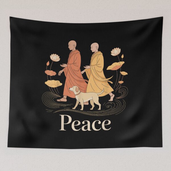 Item preview, Peaceful Monks Walking With Dog Harmony Spiritual Illustration designed and sold by Denenberg Jardel.