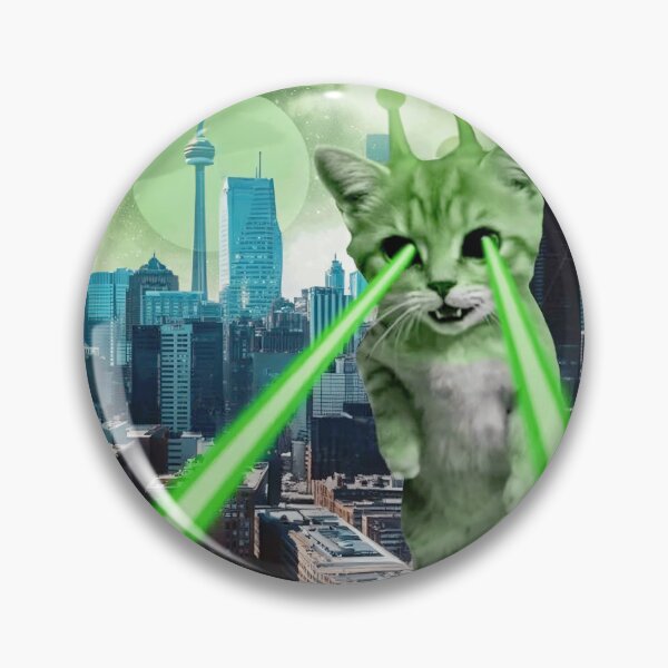 Item preview, Green Alien Cat Laser Eyes UFO City Attack designed and sold by Eh Plus Designs.