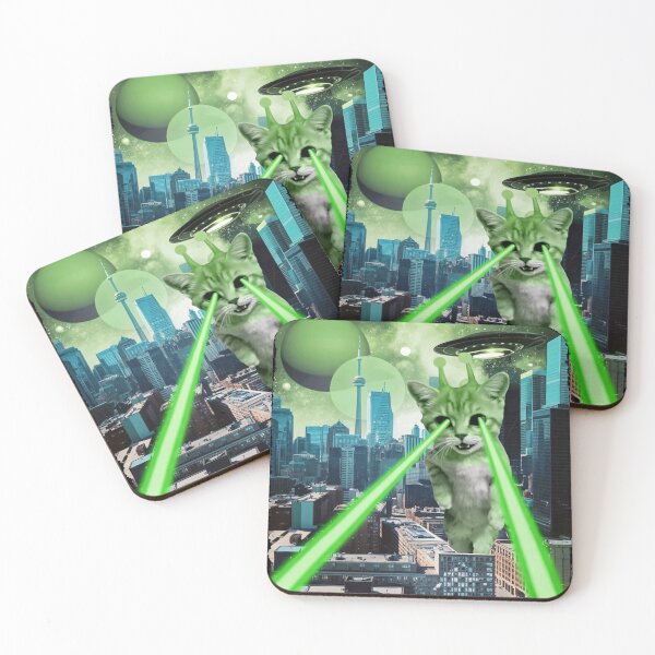 Item preview, Green Alien Cat Laser Eyes UFO City Attack designed and sold by Eh Plus Designs.