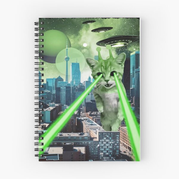 Item preview, Green Alien Cat Laser Eyes UFO City Attack designed and sold by Eh Plus Designs.