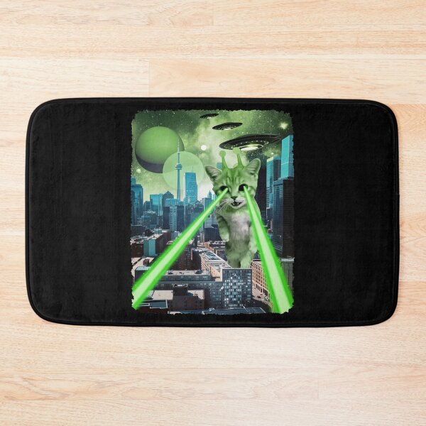 Item preview, Green Alien Cat Laser Eyes UFO City Attack designed and sold by Eh Plus Designs.