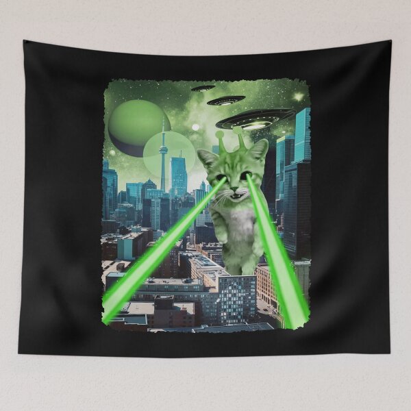 Item preview, Green Alien Cat Laser Eyes UFO City Attack designed and sold by Eh Plus Designs.