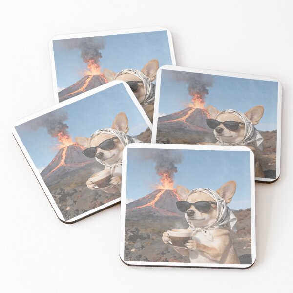 Item preview, Cool Dog Drinking Coffee Calmly Near Volcano Funny Surreal Photo designed and sold by LittleNhutton.