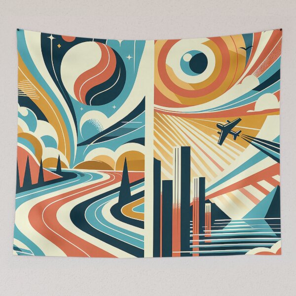 Item preview, Retro Mid Century Modern Sky and Cityscape Diptych designed and sold by InkSmithery.
