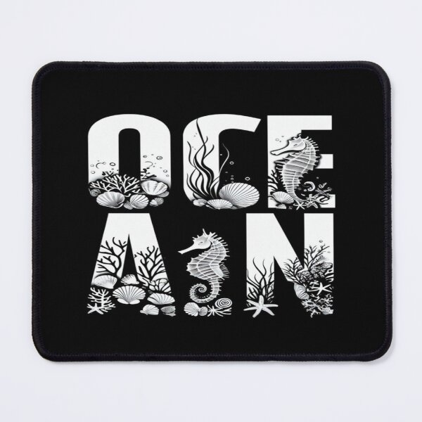 Item preview, OCEAN Typography Art with Seahorses, Shells & Coral – Elegant Black & White Marine Life Design designed and sold by Bright Nest Studio.