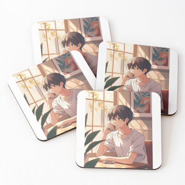 Item preview, Aesthetic Anime Boy Drinking Coffee in Sunlit Lofi Cafe designed and sold by PalmixArt.