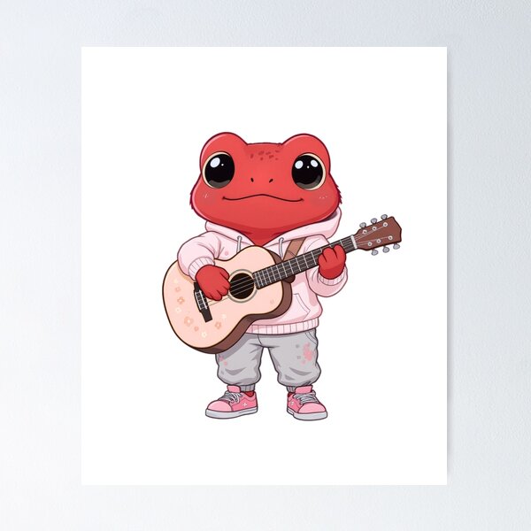 Artikelvorschau, Rosa Akustikgitarre Chibi-Frosch – Niedliche Kawaii-Musikfrosch-Illustration entworfen und verkauft von ColorSplash123.