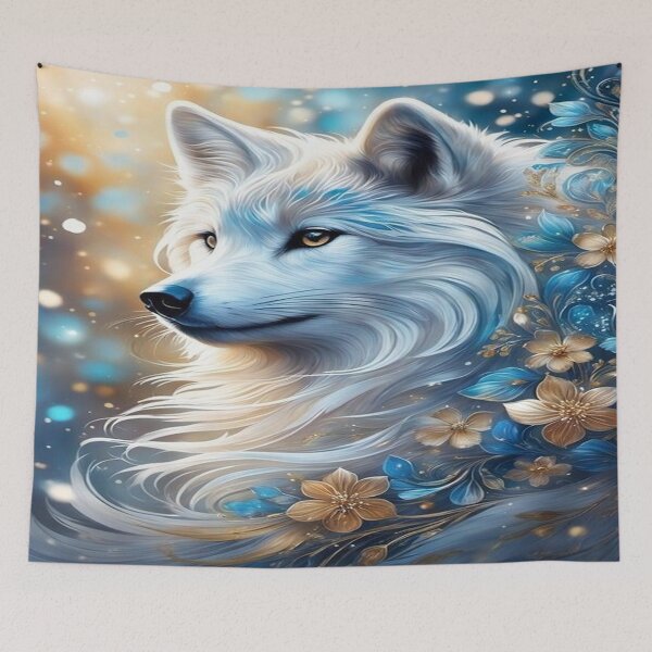 Aperçu de l'œuvre Loup blanc mystique : crinière majestueuse et motifs floraux bleus et or créée et vendue par FotoworldEdel.