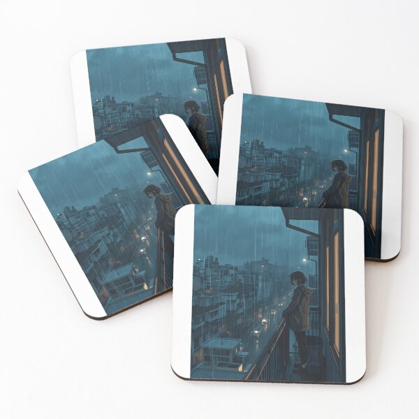 Item preview, Melancholic Anime Girl on Balcony in Rainy Night City designed and sold by PalmixArt.