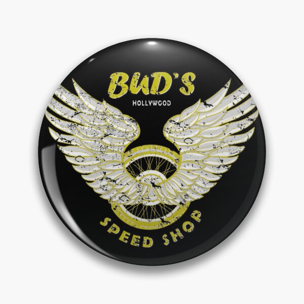 Artikelvorschau, Bud's Speed Shop Retro Wings Motorradfelgen-Design, erhältlich bei Amazon, Redbubble, Teepublic und Limited entworfen und verkauft von OddlyUpliftings.