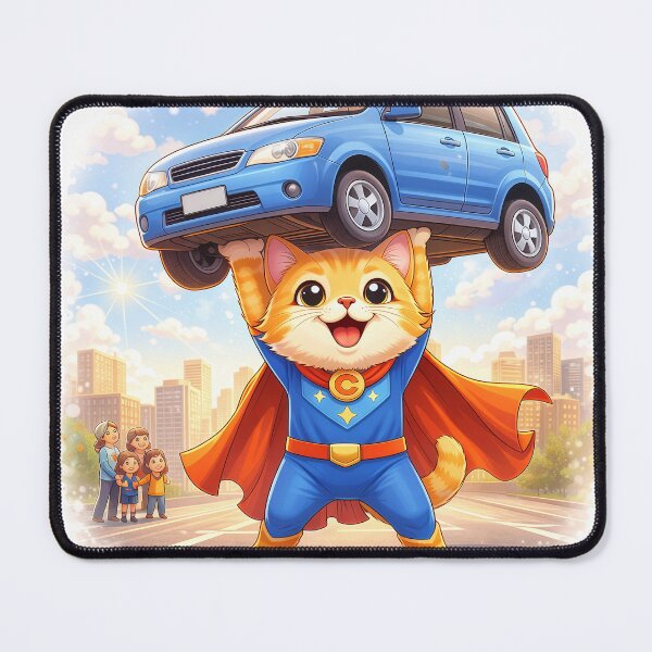 Item preview, Superhero Cat Lifting a Car – Cute Animal Hero Saving the Day | Kawaii Cartoon Illustration designed and sold by Furfolkz.