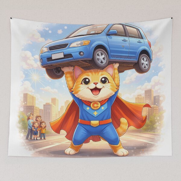 Item preview, Superhero Cat Lifting a Car – Cute Animal Hero Saving the Day | Kawaii Cartoon Illustration designed and sold by Furfolkz.