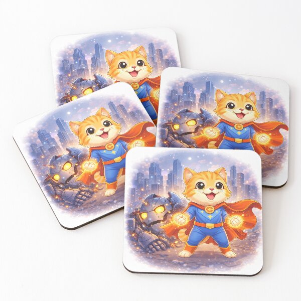 Item preview, Superhero Cat Defeating Robot Villain – Cute Hero Cat Saving the City | Kawaii Comic Art designed and sold by Furfolkz.