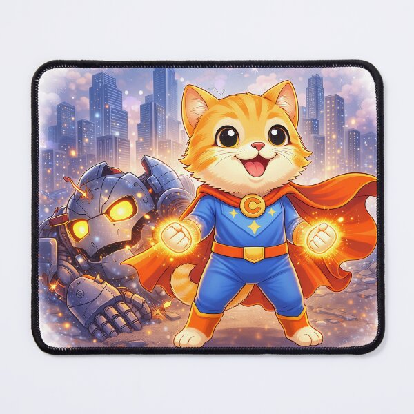Item preview, Superhero Cat Defeating Robot Villain – Cute Hero Cat Saving the City | Kawaii Comic Art designed and sold by Furfolkz.