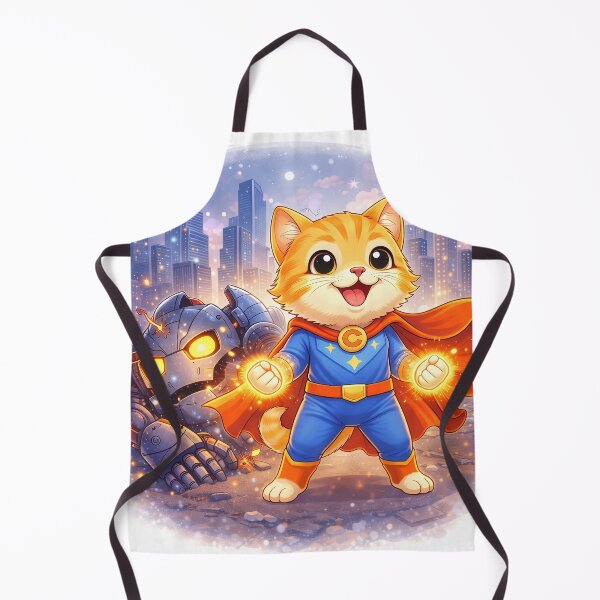 Item preview, Superhero Cat Defeating Robot Villain – Cute Hero Cat Saving the City | Kawaii Comic Art designed and sold by Furfolkz.