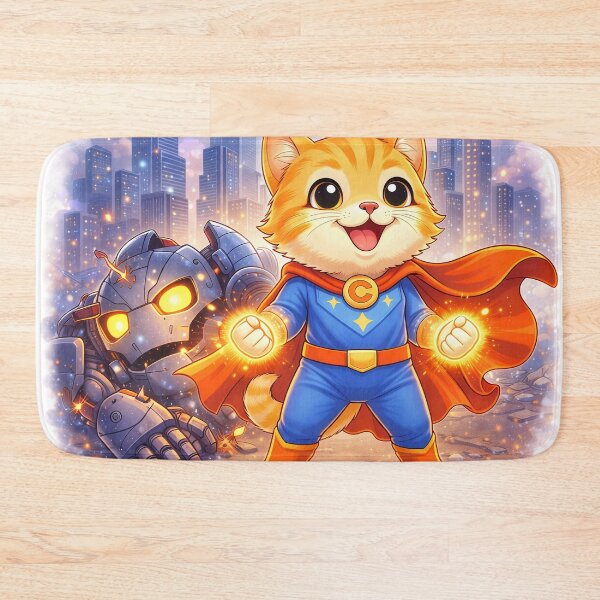 Item preview, Superhero Cat Defeating Robot Villain – Cute Hero Cat Saving the City | Kawaii Comic Art designed and sold by Furfolkz.