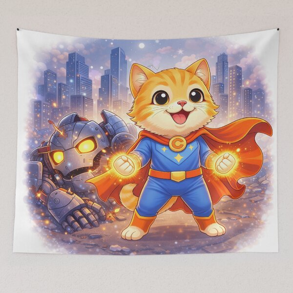 Item preview, Superhero Cat Defeating Robot Villain – Cute Hero Cat Saving the City | Kawaii Comic Art designed and sold by Furfolkz.