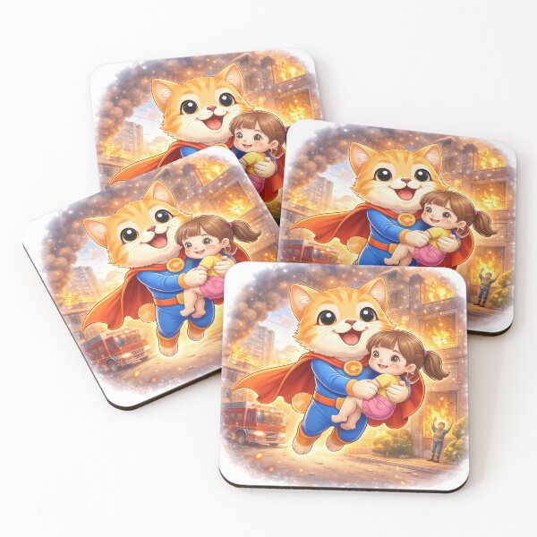 Item preview, Superhero Cat Rescuing a Child from Fire – Cute Hero Cat Saving Lives | Kawaii Comic Art designed and sold by Furfolkz.