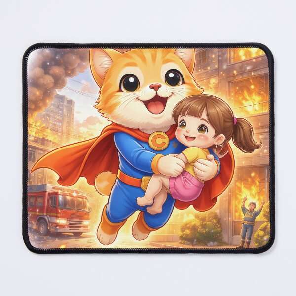 Item preview, Superhero Cat Rescuing a Child from Fire – Cute Hero Cat Saving Lives | Kawaii Comic Art designed and sold by Furfolkz.