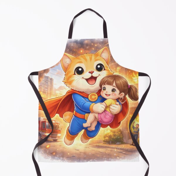 Item preview, Superhero Cat Rescuing a Child from Fire – Cute Hero Cat Saving Lives | Kawaii Comic Art designed and sold by Furfolkz.
